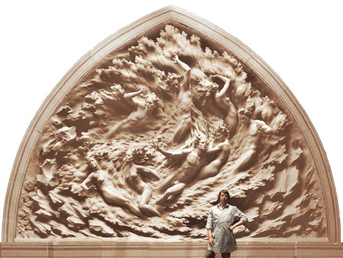 Frederick Hart the artist sculpting the dynamic tympanum sculpture Ex Nihilo the embodiment of Creation at Washington National Cathedral